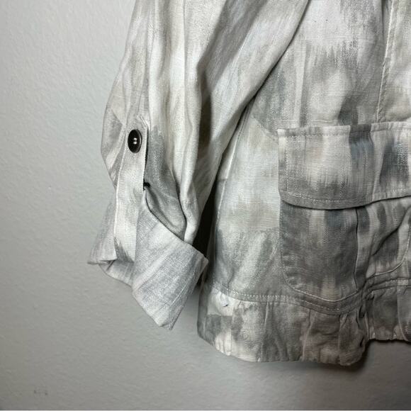 Chico’s Linen Cotton Gray Ruffle Trim Abstract Camo Open Blazer Jacket Large 2 - Picture 4 of 7